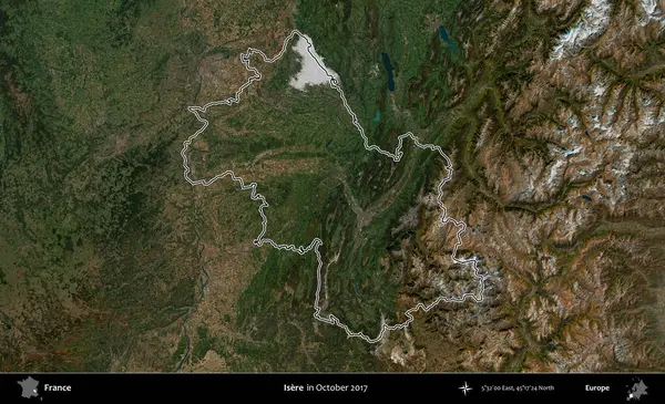 Isere. Ekim 2017 'de çekilen Kopernik Sentinel karolarından oluşan bir uydu görüntüsünde Fransa' nın idari bölgesinin ana hatları belirlendi.