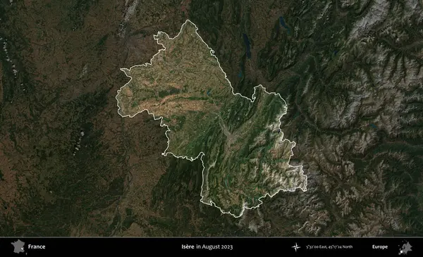 Isere. Fransa 'nın idari alanı, Ağustos 2023' te çekilen Kopernik Nöbetçi karolarından oluşan koyu renkli bir uydu görüntüsüyle vurgulandı ve özetlendi.