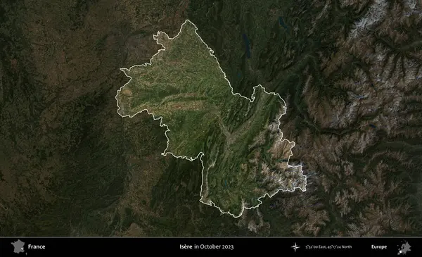 Isere. Fransa 'nın idari alanı, Ekim 2023' te çekilen Kopernik Nöbetçi karolarından oluşan koyu renkli bir uydu görüntüsü üzerinde vurgulandı ve özetlendi.