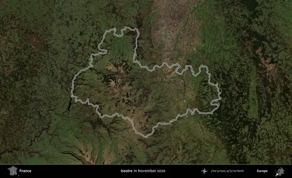Issoire. Copernicus Sentinel 'in Kasım 2020' de çekilen uydu görüntüsünde Fransa 'nın idari bölgesinin ana hatları belirlendi.