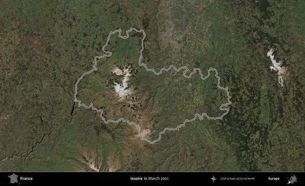Issoire. Mart 2021 'de çekilen Copernicus Sentinel karolarından oluşan bir uydu görüntüsünde Fransa' nın idari bölgesinin ana hatları belirlendi.