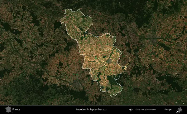 Issoudun. Fransa 'nın idari alanı, Eylül 2021' de çekilen Kopernik Sentinel karolarından oluşan koyu renkli bir uydu görüntüsü üzerinde vurgulandı ve özetlendi.