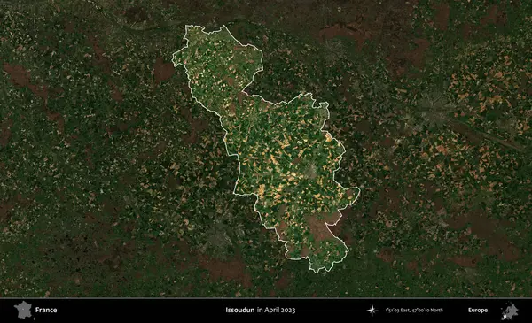 Issoudun. Fransa 'nın idari alanı, Nisan 2023' te çekilen Kopernik Nöbetçi karolarından oluşan koyu renkli bir uydu görüntüsü üzerinde vurgulandı ve özetlendi.