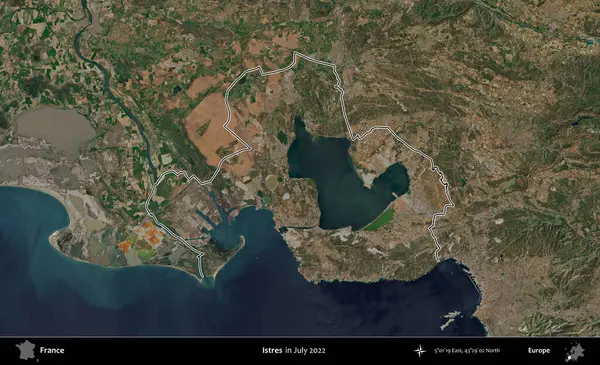 Istres. Copernicus Sentinel 'in Temmuz 2022' de çekilen uydu görüntüsünde Fransa 'nın idari bölgesinin ana hatları belirlendi.