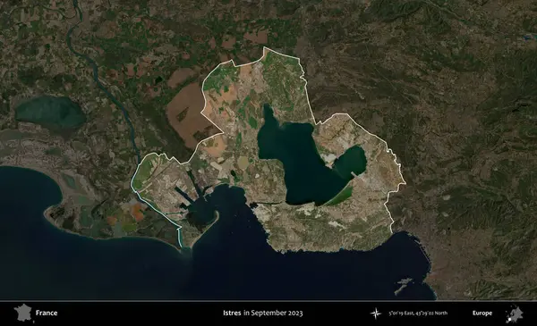 Istres. Fransa 'nın idari alanı, Eylül 2023' te çekilen Kopernik Nöbetçi karolarından oluşan koyu renkli bir uydu görüntüsü üzerinde vurgulandı ve özetlendi.