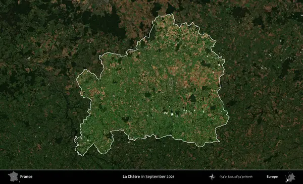 La Chatre 'de. Fransa 'nın idari alanı, Eylül 2021' de çekilen Kopernik Sentinel karolarından oluşan koyu renkli bir uydu görüntüsü üzerinde vurgulandı ve özetlendi.