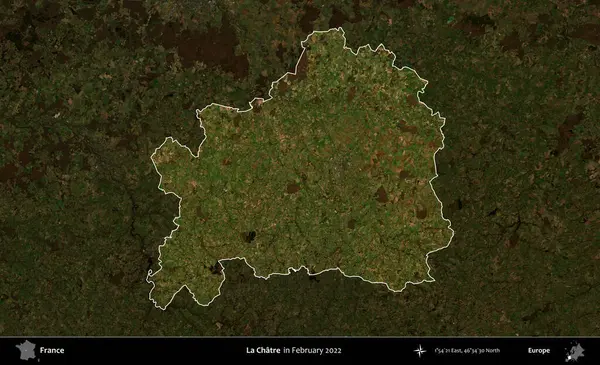 La Chatre 'de. Fransa 'nın idari alanı, Şubat 2022' de çekilen Kopernik Sentinel karolarından oluşan koyu renkli bir uydu görüntüsü üzerinde vurgulandı ve özetlendi.
