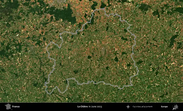La Chatre 'de. Haziran 2023 'te çekilen Copernicus Sentinel karolarından oluşan bir uydu görüntüsünde Fransa' nın idari bölgesinin ana hatları belirlendi.
