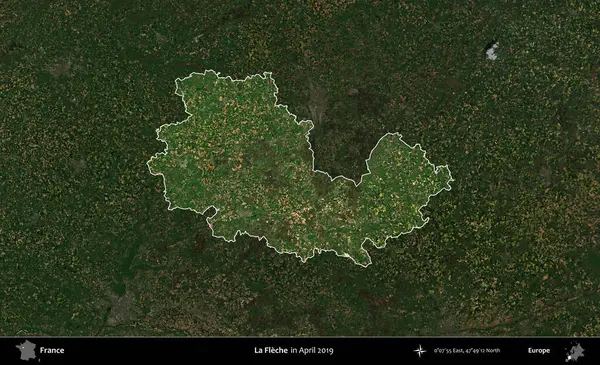 La Fleche. Fransa 'nın idari alanı, Nisan 2019' da çekilen Kopernik Nöbetçi karolarından oluşan koyu renkli bir uydu görüntüsü üzerinde vurgulandı ve özetlendi.