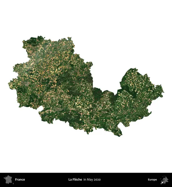 La Fleche. Fransa 'nın idari bölgesi, Mayıs 2020' de çekilen Kopernik Nöbetçi karolarından oluşan bir uydu görüntüsüyle beyaza izole edildi.