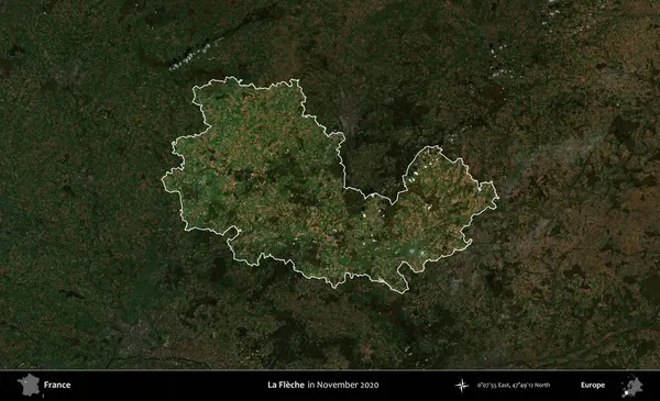 La Fleche. Fransa 'nın idari alanı, Kopernik Sentinel' in Kasım 2020 'de çekilmiş koyu renkli bir uydu görüntüsüyle vurgulandı ve özetlendi.