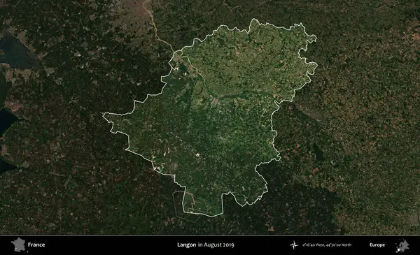 Langon. Fransa 'nın idari alanı, Ağustos 2019' da çekilen Kopernik Nöbetçi karolarından oluşan koyu renkli bir uydu görüntüsü üzerinde vurgulandı ve özetlendi.