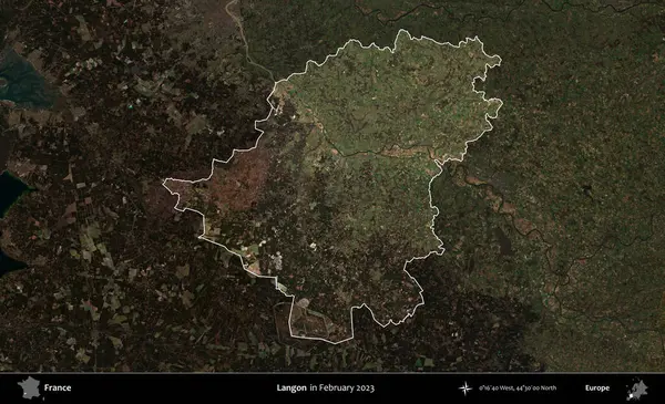 Langon. Fransa 'nın idari alanı, Şubat 2023' te çekilen Kopernik Nöbetçi karolarından oluşan koyu renkli bir uydu görüntüsü üzerinde vurgulandı ve özetlendi.