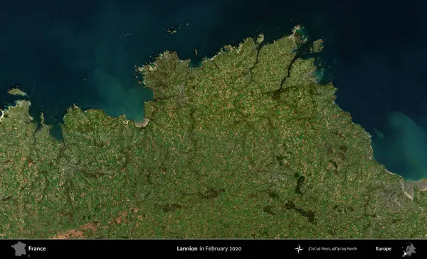 Lannion. Copernicus Sentinel 'in Şubat 2020' de çekilmiş uydu görüntüsü üzerine Fransa 'nın idari bölgesi.