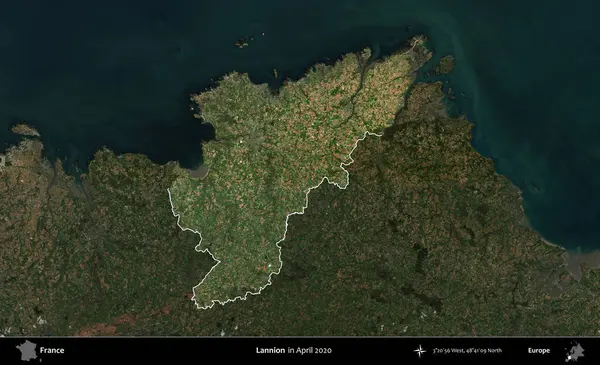 Lannion. Fransa 'nın idari alanı, Nisan 2020' de çekilen Kopernik Nöbetçi karolarından oluşan koyu renkli bir uydu görüntüsü üzerinde vurgulandı ve özetlendi.