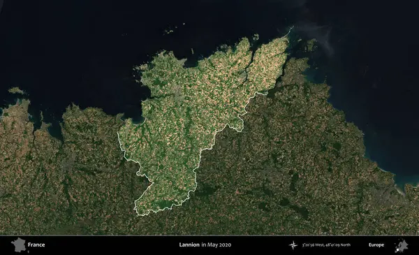 Lannion. Fransa 'nın idari alanı, Mayıs 2020' de çekilen Kopernik Nöbetçi karolarından oluşan koyu renkli bir uydu görüntüsü üzerinde vurgulandı ve özetlendi.