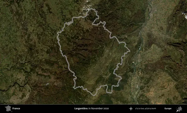 Largentiere. Copernicus Sentinel 'in Kasım 2020' de çekilen uydu görüntüsünde Fransa 'nın idari bölgesinin ana hatları belirlendi.