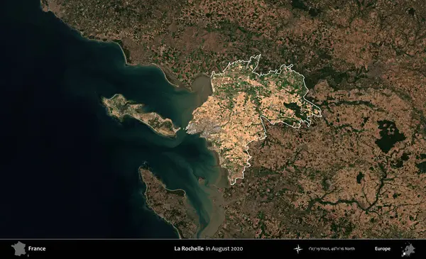 La Rochelle. Fransa 'nın idari alanı, Ağustos 2020' de çekilen Kopernik Nöbetçi karolarından oluşan koyu renkli bir uydu görüntüsüyle vurgulandı ve özetlendi.