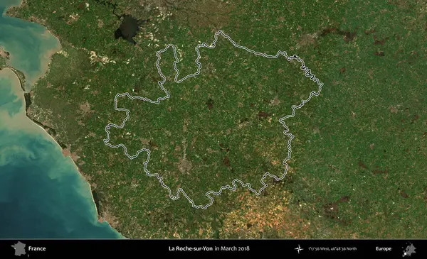 La Roche-sur-Yon. Mart 2018 'de çekilen Copernicus Sentinel karolarından oluşan bir uydu görüntüsünde Fransa' nın idari bölgesinin ana hatlarını çizdim.