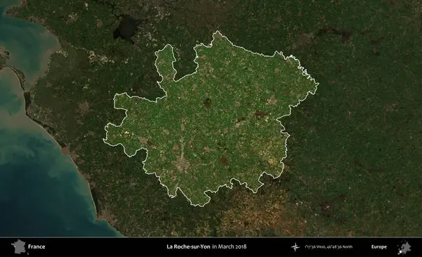 La Roche-sur-Yon. Fransa 'nın idari alanı, Mart 2018' de çekilen Kopernik Nöbetçi karolarından oluşan koyu renkli bir uydu görüntüsü üzerinde vurgulandı ve özetlendi.