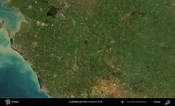 La Roche-sur-Yon. Copernicus Sentinel 'in Mart 2018' de çekilmiş uydu görüntüsü üzerine Fransa 'nın idari bölgesi.