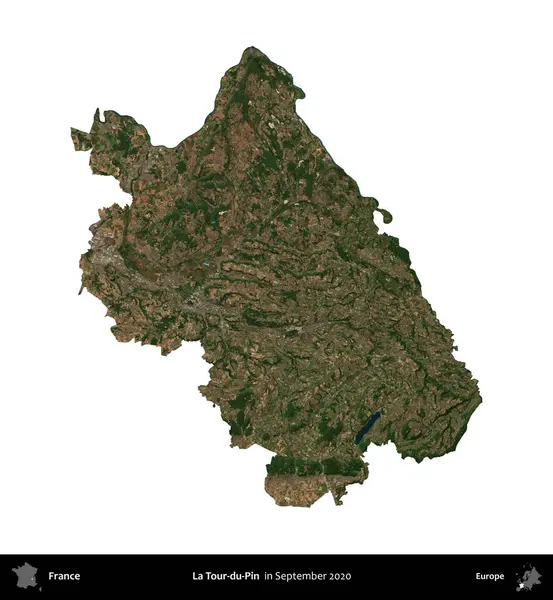 La Tour-du-Pin. Fransa 'nın idari bölgesi, Eylül 2020' de çekilen Kopernik Nöbetçi karolarından oluşan uydu görüntüsüyle beyaza izole edildi.
