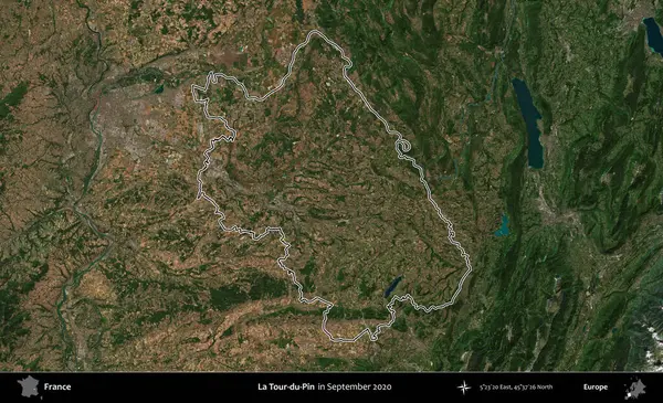 La Tour-du-Pin. Eylül 2020 'de çekilen Copernicus Sentinel karolarından oluşan bir uydu görüntüsünde Fransa' nın idari bölgesinin ana hatlarını çizdim.