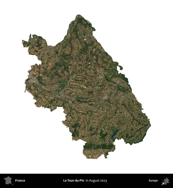 La Tour-du-Pin. Fransa 'nın idari bölgesi, Ağustos 2023' te çekilen Kopernik Nöbetçi karolarından oluşan bir uydu görüntüsüyle beyaza izole edildi.