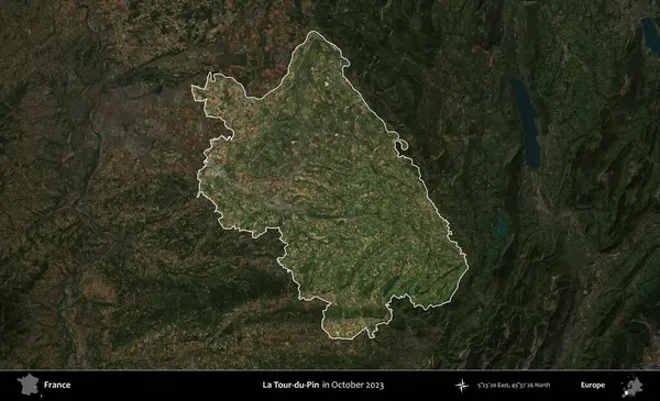 La Tour-du-Pin. Fransa 'nın idari alanı, Ekim 2023' te çekilen Kopernik Nöbetçi karolarından oluşan koyu renkli bir uydu görüntüsü üzerinde vurgulandı ve özetlendi.