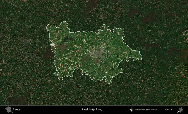 Laval. Fransa 'nın idari alanı, Nisan 2017' de çekilen Kopernik Nöbetçi karolarından oluşan koyu renkli bir uydu görüntüsü üzerinde vurgulandı ve özetlendi.