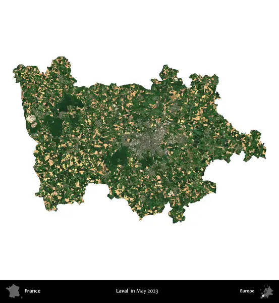 Laval. Fransa 'nın idari bölgesi, Mayıs 2023' te çekilen Kopernik Nöbetçi karolarından oluşan bir uydu görüntüsüyle beyaza izole edildi.