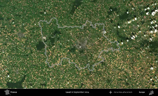 Laval. Eylül 2024 'te çekilen Copernicus Sentinel karolarından oluşan bir uydu görüntüsünde Fransa' nın idari bölgesinin ana hatlarını çizdim.