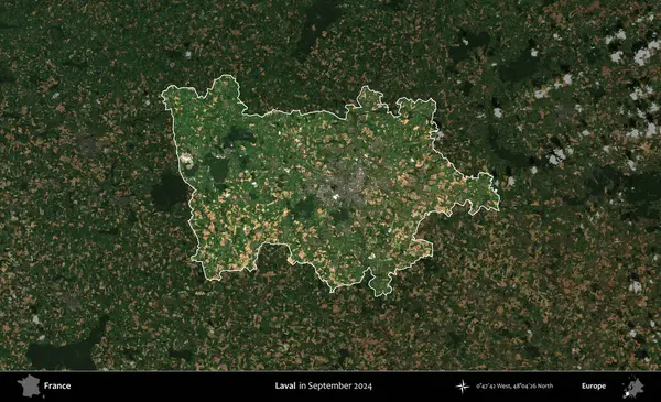 Laval. Fransa 'nın idari alanı, Eylül 2024' te çekilen Kopernik Nöbetçi karolarından oluşan koyu renkli bir uydu görüntüsü üzerinde vurgulandı ve özetlendi.