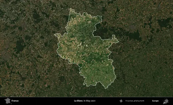 Le Blanc. Fransa 'nın idari alanı, Mayıs 2021' de çekilen Kopernik Sentinel karolarından oluşan koyu renkli bir uydu görüntüsü üzerinde vurgulandı ve özetlendi.