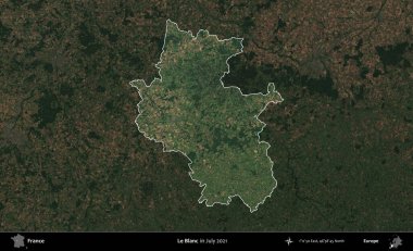 Le Blanc. Fransa 'nın idari alanı, Temmuz 2021' de çekilen Kopernik Nöbetçi karolarından oluşan koyu renkli bir uydu görüntüsüyle vurgulandı ve özetlendi.