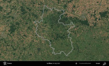 Le Blanc. Copernicus Sentinel 'in Temmuz 2021' de çekilen uydu görüntüsünde Fransa 'nın idari bölgesinin ana hatları belirlendi.
