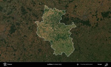 Le Blanc. Fransa 'nın idari alanı, Haziran 2023' te çekilen Kopernik Nöbetçi karolarından oluşan koyu renkli bir uydu görüntüsüyle vurgulandı ve özetlendi.