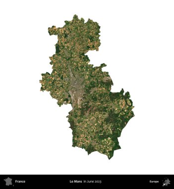 Le Mans 'da. Fransa 'nın idari bölgesi, Haziran 2023' te çekilen Kopernik Nöbetçi karolarından oluşan bir uydu görüntüsüyle beyaza izole edildi.