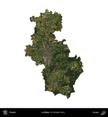 Le Mans 'da. Fransa 'nın idari bölgesi, Ekim 2023' te çekilen Kopernik Nöbetçi karolarından oluşan bir uydu görüntüsüyle beyaza izole edildi.