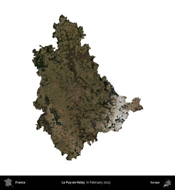 Le Puy-en-Velay. Fransa 'nın idari bölgesi, Şubat 2023' te çekilen Kopernik Nöbetçi karolarından oluşan bir uydu görüntüsüyle beyaza izole edildi.