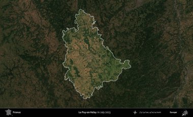 Le Puy-en-Velay. Fransa 'nın idari alanı, Temmuz 2023' te çekilen Kopernik Nöbetçi karolarından oluşan koyu renkli bir uydu görüntüsüyle vurgulandı ve özetlendi.