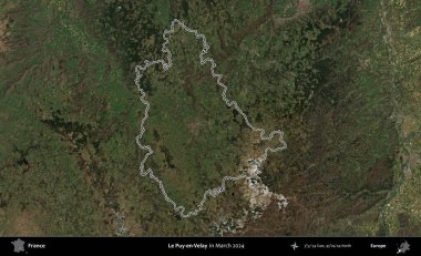 Le Puy-en-Velay. Mart 2024 'te çekilen Copernicus Sentinel karolarından oluşan bir uydu görüntüsünde Fransa' nın idari bölgesinin ana hatlarını çizdim.