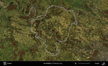 Les Andelys. Copernicus Sentinel 'in Şubat 2023' te çekilen uydu görüntüsünde Fransa 'nın idari bölgesinin ana hatları belirlendi.