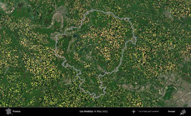 Les Andelys. Mayıs 2023 'te çekilen Copernicus Sentinel karolarından oluşan bir uydu görüntüsünde Fransa' nın idari bölgesinin ana hatları belirlendi.