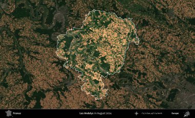 Les Andelys. Fransa 'nın idari alanı, Ağustos 2024' te çekilen Kopernik Sentinel karolarından oluşan koyu renkli bir uydu görüntüsü üzerinde vurgulandı ve özetlendi.