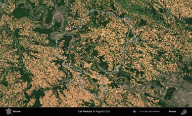 Les Andelys. Copernicus Sentinel 'in Ağustos 2024' te çekilen uydu görüntüsünde Fransa 'nın idari bölgesinin ana hatları belirlendi.