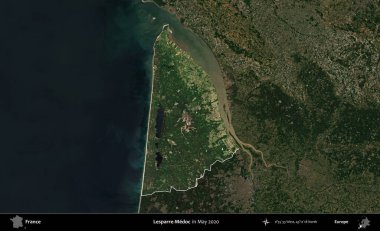 Lesparre-Medoc. Fransa 'nın idari alanı, Mayıs 2020' de çekilen Kopernik Nöbetçi karolarından oluşan koyu renkli bir uydu görüntüsü üzerinde vurgulandı ve özetlendi.