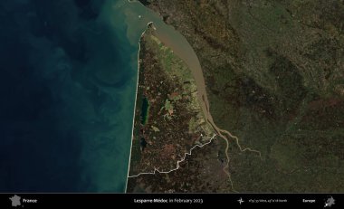 Lesparre-Medoc. Fransa 'nın idari alanı, Şubat 2023' te çekilen Kopernik Nöbetçi karolarından oluşan koyu renkli bir uydu görüntüsü üzerinde vurgulandı ve özetlendi.