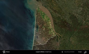 Lesparre-Medoc. Fransa 'nın idari alanı, Nisan 2023' te çekilen Kopernik Nöbetçi karolarından oluşan koyu renkli bir uydu görüntüsü üzerinde vurgulandı ve özetlendi.