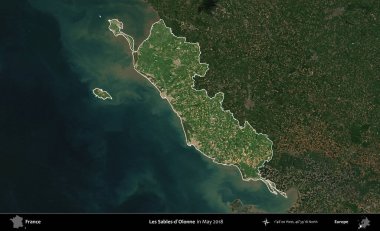 Les Sables-d'Olonne. Fransa 'nın idari alanı, Mayıs 2018' de çekilen Kopernik Nöbetçi karolarından oluşan koyu renkli bir uydu görüntüsü üzerinde vurgulandı ve özetlendi.